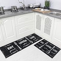 2 Pieces Kitchen Rug Set Non-Slip Backing Mat Throw for Kitchen Doormat Runner, Motto Design, Blackish/Dark Grey (17