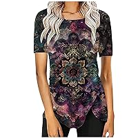 Deal of The Day Plus Size Tops for Women 2024 Novelty Western Ethnic Floral Print Short Sleeve T Shirts Side Buttons Hide Belly Loose Tunic Blouses Summer Going Out Workout Crewneck Tees