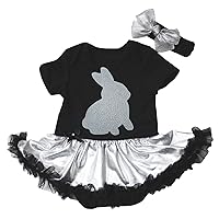 Petitebella Easter Baby Dress Bling Rabbit Black Bodysuit Sliver Tutu Romper NB-18m