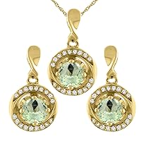 14K Yellow Gold Natural Green Amethyst Earrings and Pendant Set with Diamond Accents Round 4 mm