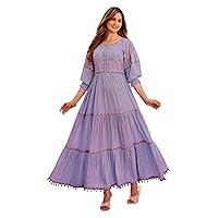 ladyline Womens Viscose 3-Tier Long Maxi Dress Gown Handwork Embroidery Balloon Sleeves Boho Flaired A-Line