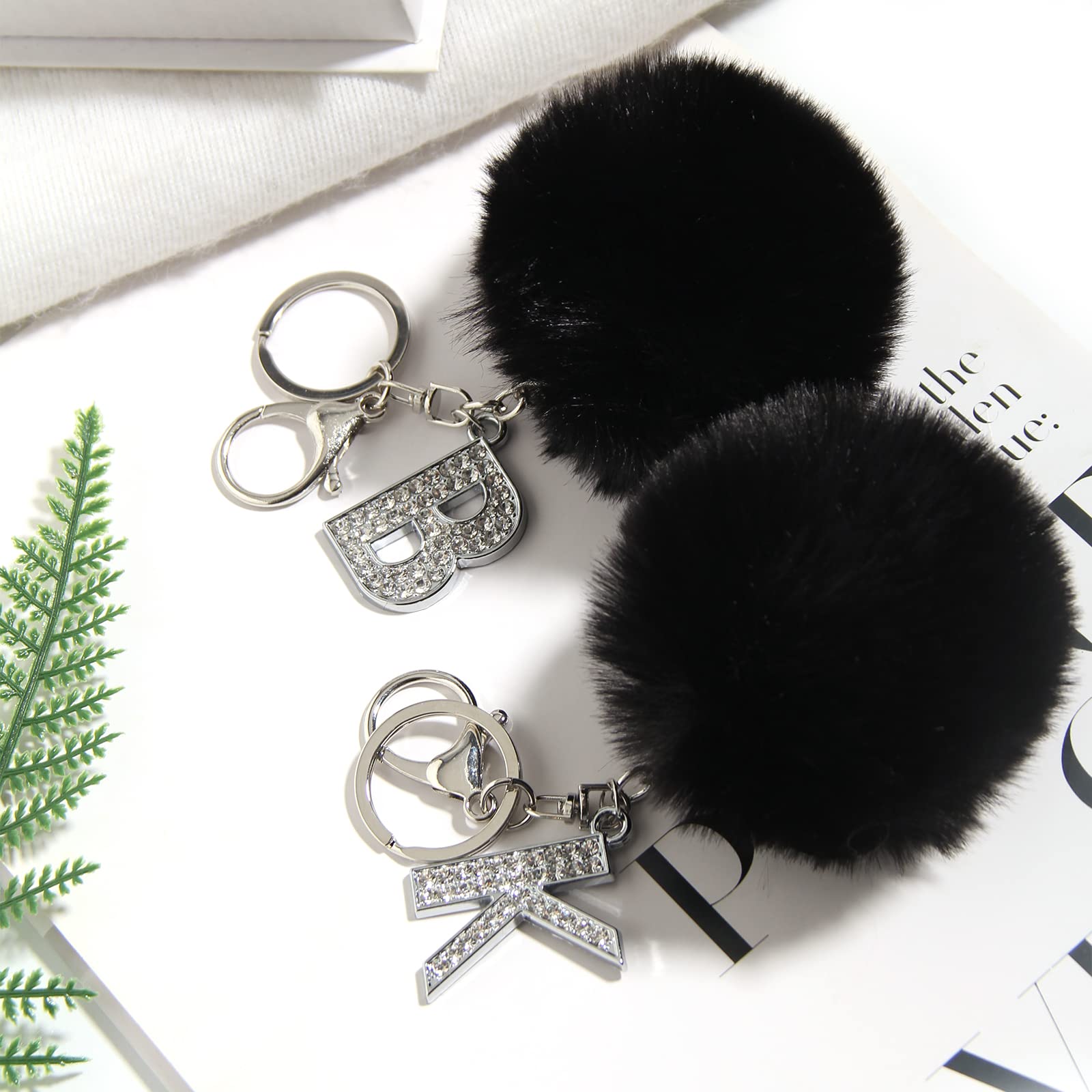SUSULU 3in Black Faux Fur Pom Poms with Letter Shaped Pendant Keychain  Metal Key Ring Rhinestone Alphabet Keychains Ball