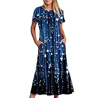 Summer Gorgeous Star Beach Dress Women Short Sleeve Ruffle A-Line Dresses Casual Crewneck Midi Dress with Pockets