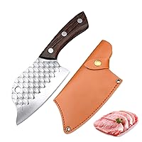 5 Inch Chef Knife Set Handmade Forged Squama Pattern Kitchen Cleaver Knives High Carbon Steel Cooking Knife with Full Tang Wood Handle and PU Leather Sheath for Home Restaurant Camping BBQ