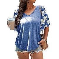 HDLTE Womens Plus Size Tops Casual Daisy Graphic T Shirts Short/Bell Sleeve Loose Summer Blouse