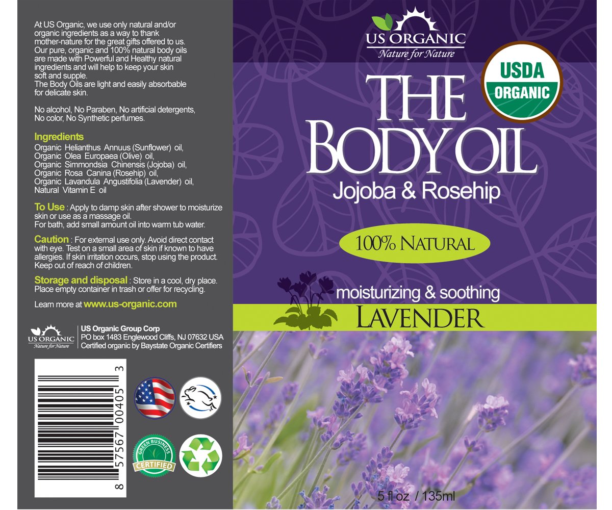 US Organic Body Oil - Elegant Lavender - Jojoba and Rosehip Oil with Vitamin E, Certified Organic, No Alcohol, Paraben, Artificial Detergents, Color or Synthetic perfumes, 5 Fl.oz. (Lavender)