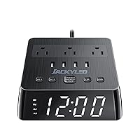 JACKYLED Alarm Clock with 4 USB Chargers Power Strip 3 Outlets 1700J Surge Protector Nightstand Dimmable Digital Clock with Dual Alarm and Snooze Function for Bedroom, Full Screen LED Display
