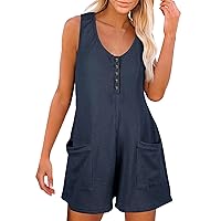 Summer Rompers for Women Sleeveless Casual Solid Color Overalls Button V Nevk Short Jumper with Pockets