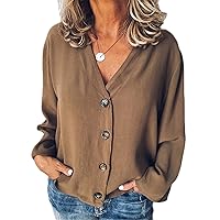 Andongnywell Women's Solid Color Long Sleeve V Neck Blouses Tops Button Down Shirts Cardigan Long Sleeve Shirt