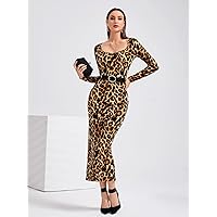 2023 Women's Dresses Leopard Print Split Back Dress Without Belt Women's Dresses (Color : Multicolor, Size : Large)