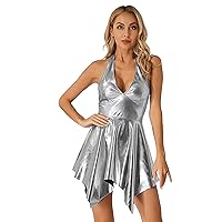 CHICTRY Womens Shiny Metallic Backless Mini Dress Halter V Neck Irregular Hem Dress for Club Party