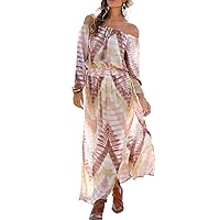 LASCANA Carmen Neckline Maxi Dress, Multi Print, Summer Dresses for Women Beach Females Casual Long Length