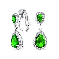 Vintage Style Bridal Cubic Zirconia Simulated Gemstone AAA CZ Halo Dangle Teardrop Chandelier Clip On Earrings For Women Silver Rose Gold Plated in Black Purple Blue Red Rose Pink Green Clear