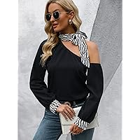 Womens Summer Tops Sexy Casual T Shirts for Women Zebra Striped Knot Asymmetrical Neck Blouse (Color : Black, Size : Medium)