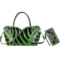 PIJUSHI Designer Shoulder Handbag Top Handle Satchel Bag Genuine Leather Leaf Purse Bundle with Leather Wallets For Women Floral Wristlet Wallet Card Holder Purse