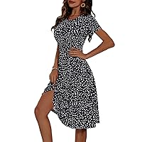 HUHOT Sundresses for Women Casual Summer Short Sleeve Round Neck Floral Skater Dress with Pockets