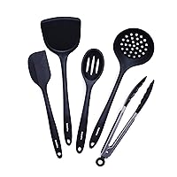 GreenPan 5 Piece Cooking Utensil Set, Flexible Nonstick Silicone, Stain-Free, Tongs, Turner, Spatula, Skimmer, and Slotted Spoon, Black
