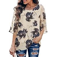 Womens Shirts Flowy Tops for Casual Scoop Neck Loose Half Ruffle Sleeve Tunic(01-Apricot Ink Floral,XL)