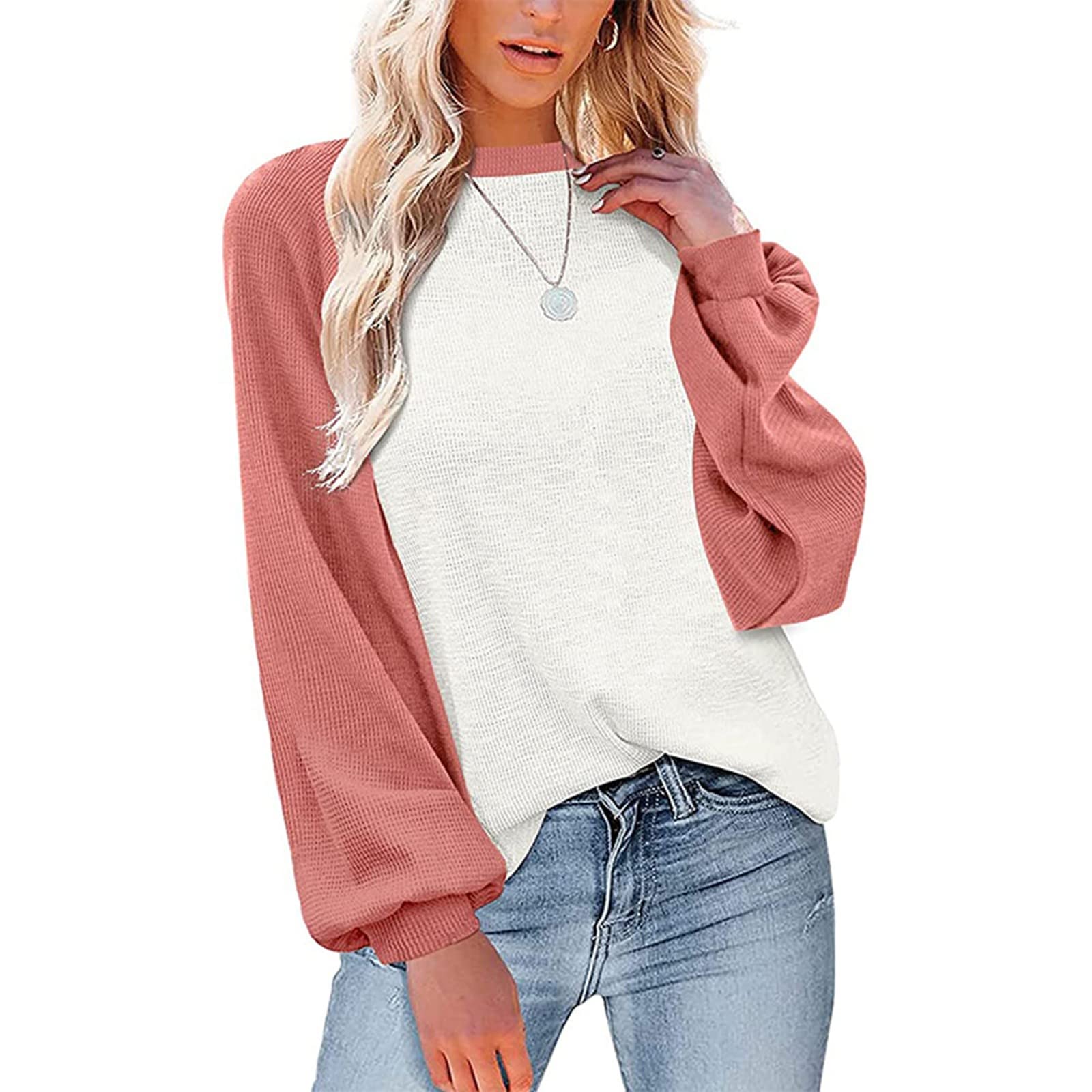 CHARMAP- Pullover Sweaters for Women Women's Round Neck Lantern Sleeve Contrast Color Pullover Casual Bottomed Shirt Top