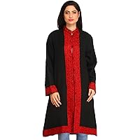 Jet-Black Long Jacket from Kashmir with Ari Hand-Embroidered Paisle