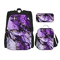 3-In-1 Backpack Bookbag Set,Purple Marble Print Casual Travel Backpacks,With Pencil Case Pouch, Lunch Bag