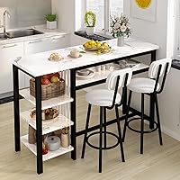 3-Piece Bar Table and Chairs Set, Modern White Faux Marble Table with 2 PU Cushion Bar Stools, Kitchen Counter with 3 Tier Storage Shelves, Space Saving Table for Home & Kitchen, Black Frame