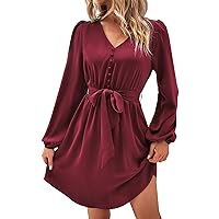 Women Long Sleeve V Neck Dress Solid Color Cocktail Party Wedding Guest Dress Fashion Casual Loose Sexy Dress with Belt