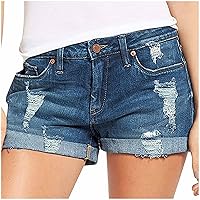 Fashion Cuffed Hem Ripped Denim Stretch Shorts for Women Summer Casual Slim Fit Button Fly Jean Shorts for Going Out