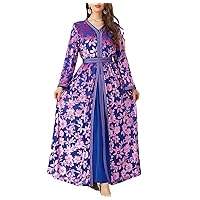 Women Dubai Muslim fleece Dress Abaya Inner Dress 2 Piece Set Autumn Print Thick Morocco Caftan Party Dresses
