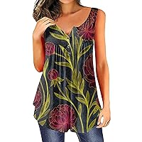 Womens Tank Tops 2024 Summer Oversized Dressy Casual Floral Print Button Down Scoop-Neck Sleeveless Shirts