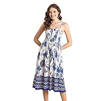 Women’s Printed Smocked Viscose Dress, Knee Length, Spaghetti Strap Midi Dress