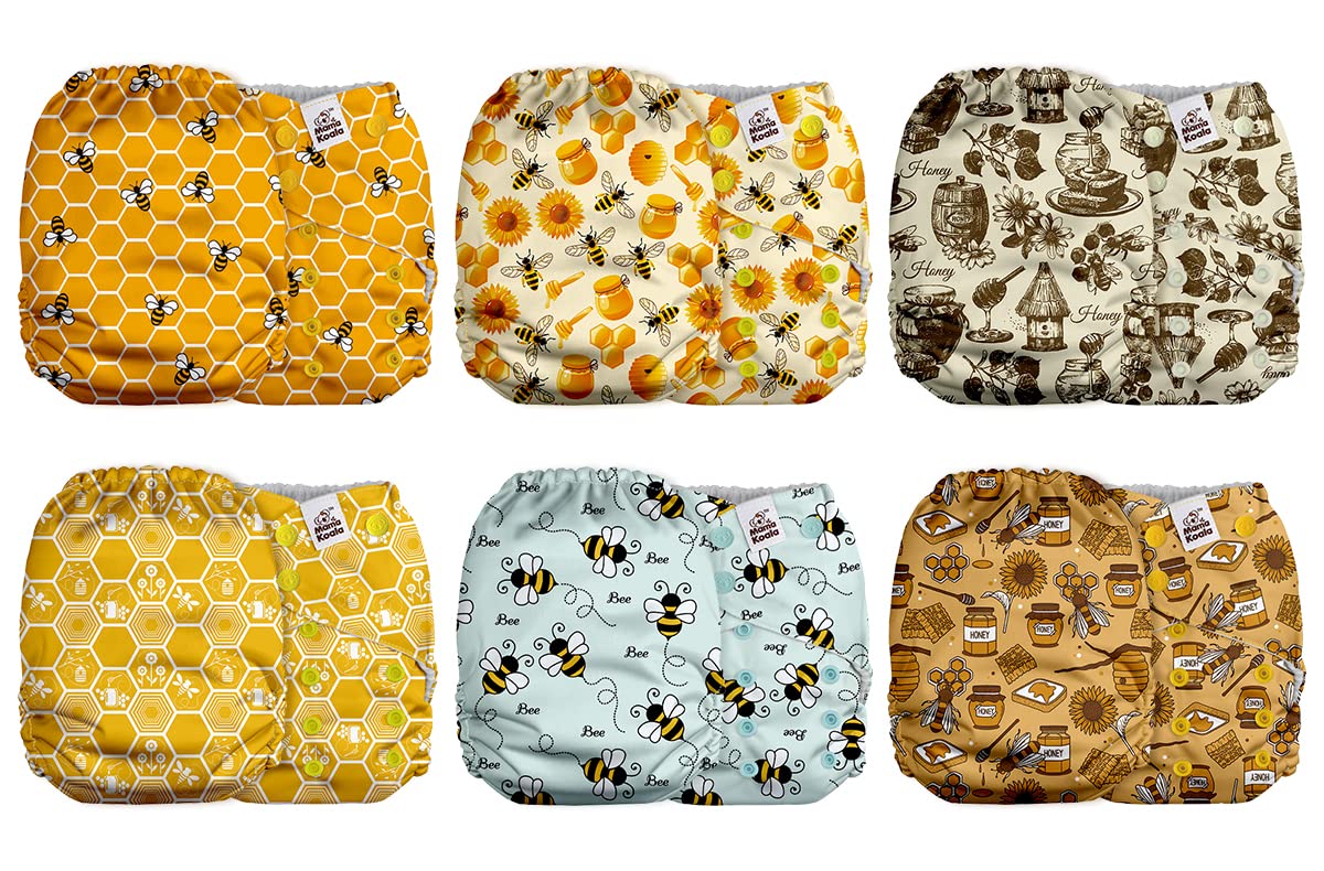 Mama Koala 2.0 Cloth Diapers for Babies with Suede Cloth Lining, 6 Pack with 6 Bamboo Cloth Diaper Inserts - Reusable and Washable Pocket Diapers (Busy Bees)