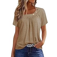 Womens Henley Tops Short Sleeve,Womens Tops Summer Button Solid Color Ruched Short Sleeve Loose Shirts Basic Dressy Blouse Ladies 2024 Outfits Y2K Tops