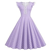 Women Lace Trim Ruffle Sleeveless Cocktail Swing Dress 50s 60s Breasted Polka Dots Rockabilly Prom Evening Dress