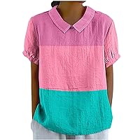 Women Color Block Peter Pan Collar Shirts Y2K Keyhole Back Short Sleeve Tee Tops Summer Casual Loose Fit Blouse