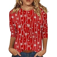 Christmas Shirt Womens 3/4 Sleeve Crewneck Top Loose Holiday Fashion Red/Black Tunic Ugly Xmas Tree Graphic Blouse
