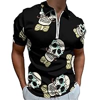 Decorative Skull Mens Polo Shirts Quick Dry Short Sleeve Zippered Workout T Shirt Tee Top
