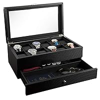 Mens Watch Box Case Organizer| Faux Leather Watches Jewelry Case| 12 Slots Watch Case storage with Valet Drawer for Sunglasses, Rings, Phone| Sleek Black Color, Glass Top, Carbon Fiber