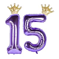 15 Number Balloon Purple 40 inch Big Foil Crown Helium 15th Balloons for 15 Year Old Boy Girl Birthday Party Decorations Wedding Anniversary Events Supplies