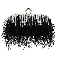 Ynport Women Ostrich Feather Evening Handbag Black Fluffy Clutch Purse Fuzzy Handbag Shoulder Bag with Pearl Chain