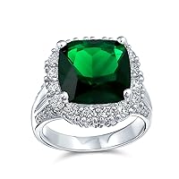 Personalize Large Fashion Solitaire AAA Cubic Zirconia Pave CZ Cushion Cut Simulated Emerald Green Vintage Art Deco Style 7CTW Cocktail Statement Ring For Women Silver Plated Customizable
