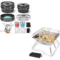 Odoland 16pcs Camping Cookware Mess Kit with Folding Camping Stove and Folding Campfire Grill for Outdoor Backpacking Hiking BBQ