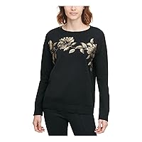 Calvin Klein Womens Metallic Flowers Pullover Sweater, Black, Medium