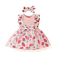 Toddler Girls Sleeveless Strawberry Prints Bowknot Ribbed Tulle Princess Dress Headbands Set Baby Girl Bloomers