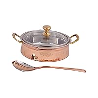 SHIV SHAKTI ARTS® Handmade Steel Copper Hammered Design Handi/Casserole with Spoon Toughened Glass Lid and Brass Knob with Handles (Volume-850 ml- 2 Piece)