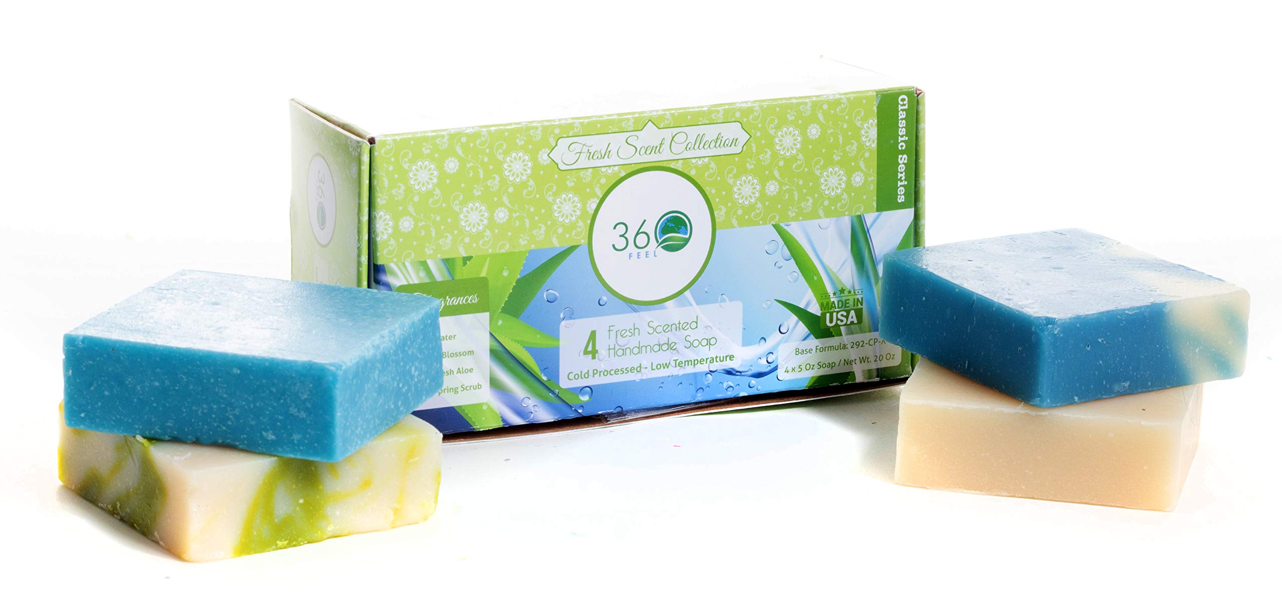 360Feel Fresh Scent Soap bars- Aloe Vera, Cotton Blossom, Spring Scrub- Anniversary Wedding Gift Set - Handmade Natural Organic Soaps Essential Oil- Gift ready box, 4 count (Pack of 1)