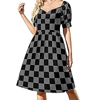Vintage Checkered Pattern Women Elegant Maxi Dress with Sleeves,Summer Casual Dress