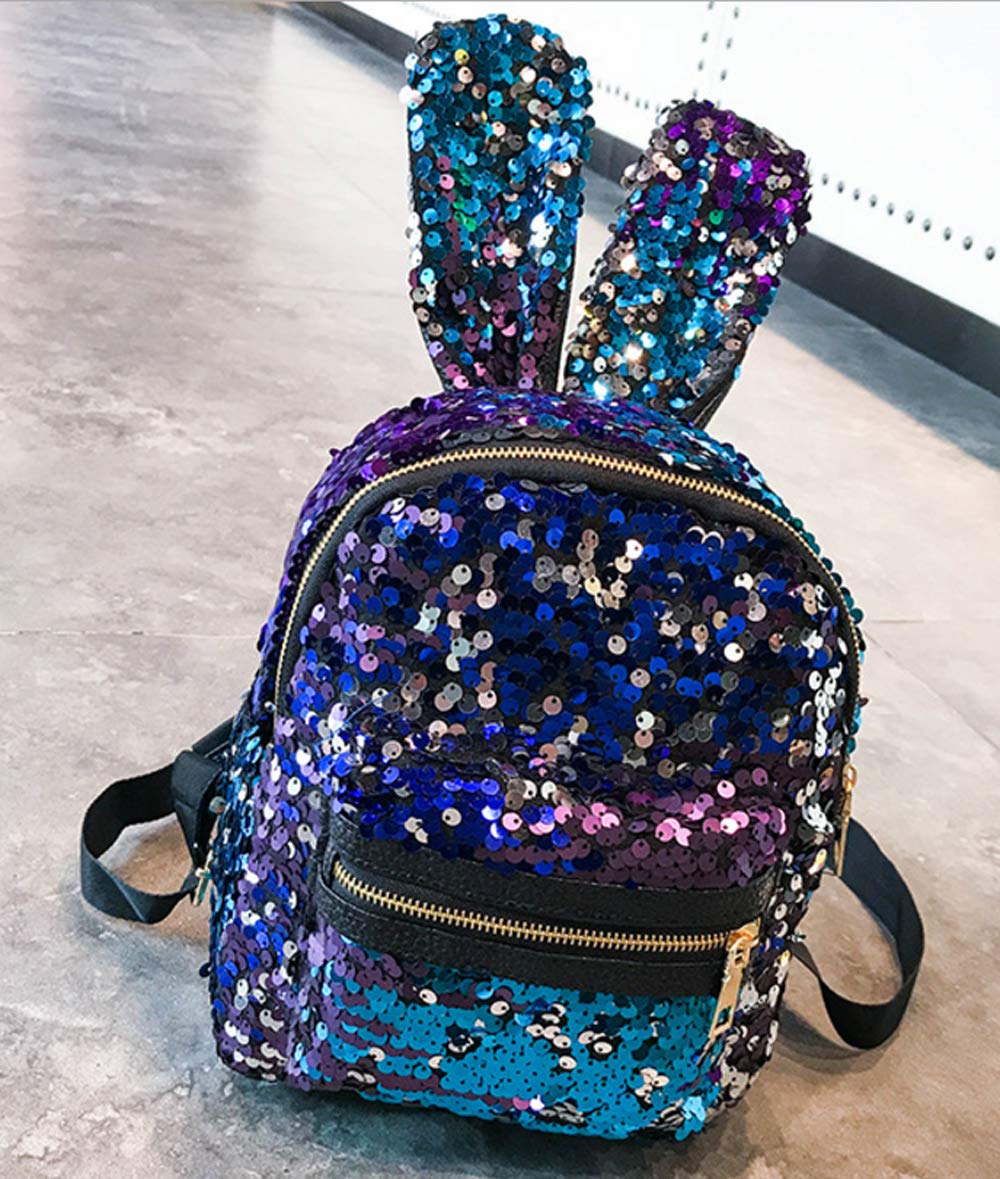 Shoulder Bag For Women With Cute Rabbit Ears Backpack Sequins Shoulder Bag Travel Day pack(Purple Blue)