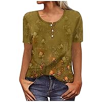 Women's New Button V-Neck Fashion Print Short Sleeve Retro Print T-Shirt Slim Top Casual Loose Comfortable Tops