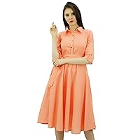 Bimba Shirt Collar Flared Dress for Women's Solid Classic Summer Dresses with Side Pockets